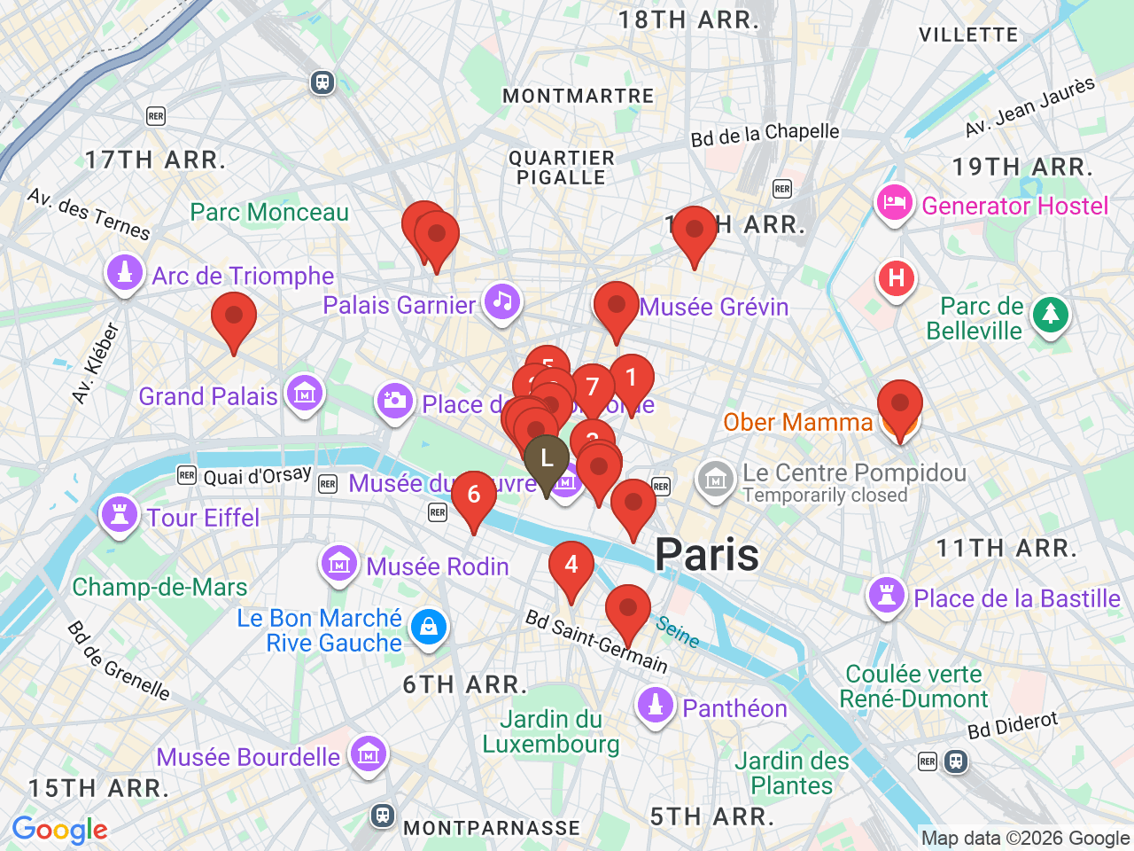 Map of eat & drink near Louvre Pyramid