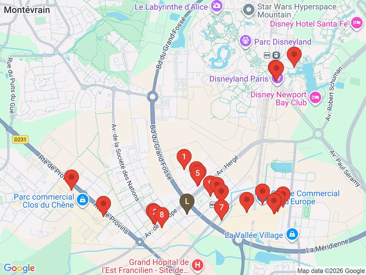 Map of eat & drink near SIXT | Location voiture Marne la Vallée